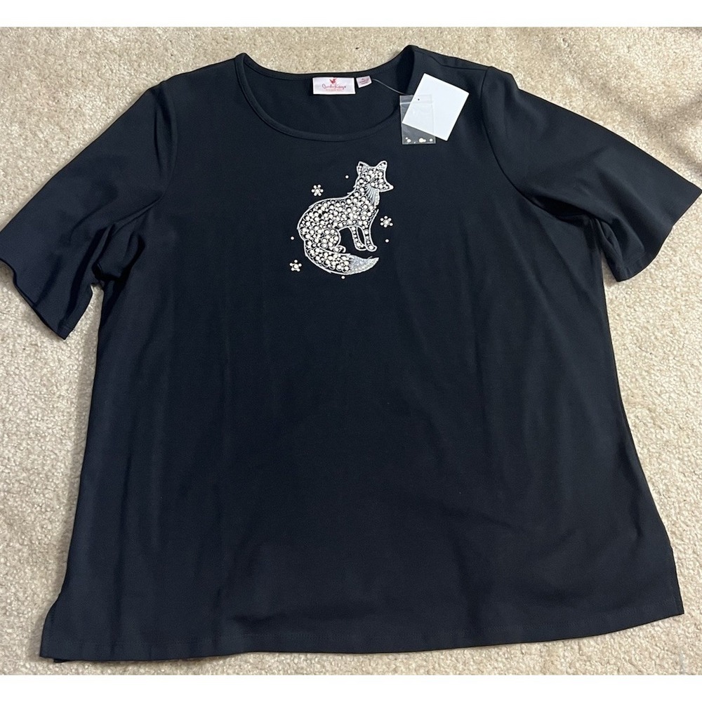 New Quacker Factory Jeanne Bice Top XL Embellished Beaded Fox Short Sleeve Black